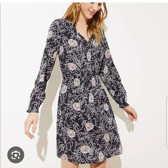 LOFT Black and Pink Floral Long Sleeve Trimmee Dress Small - Picture 1 of 7